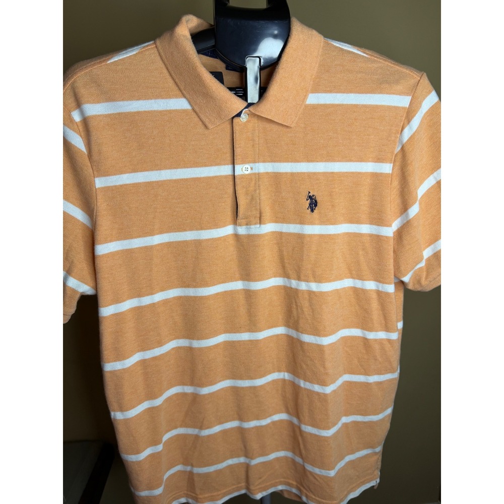 US Polo Assn Mens Orange White Striped Short Sleeve Polo Shirt Large - Picture 2 of 8